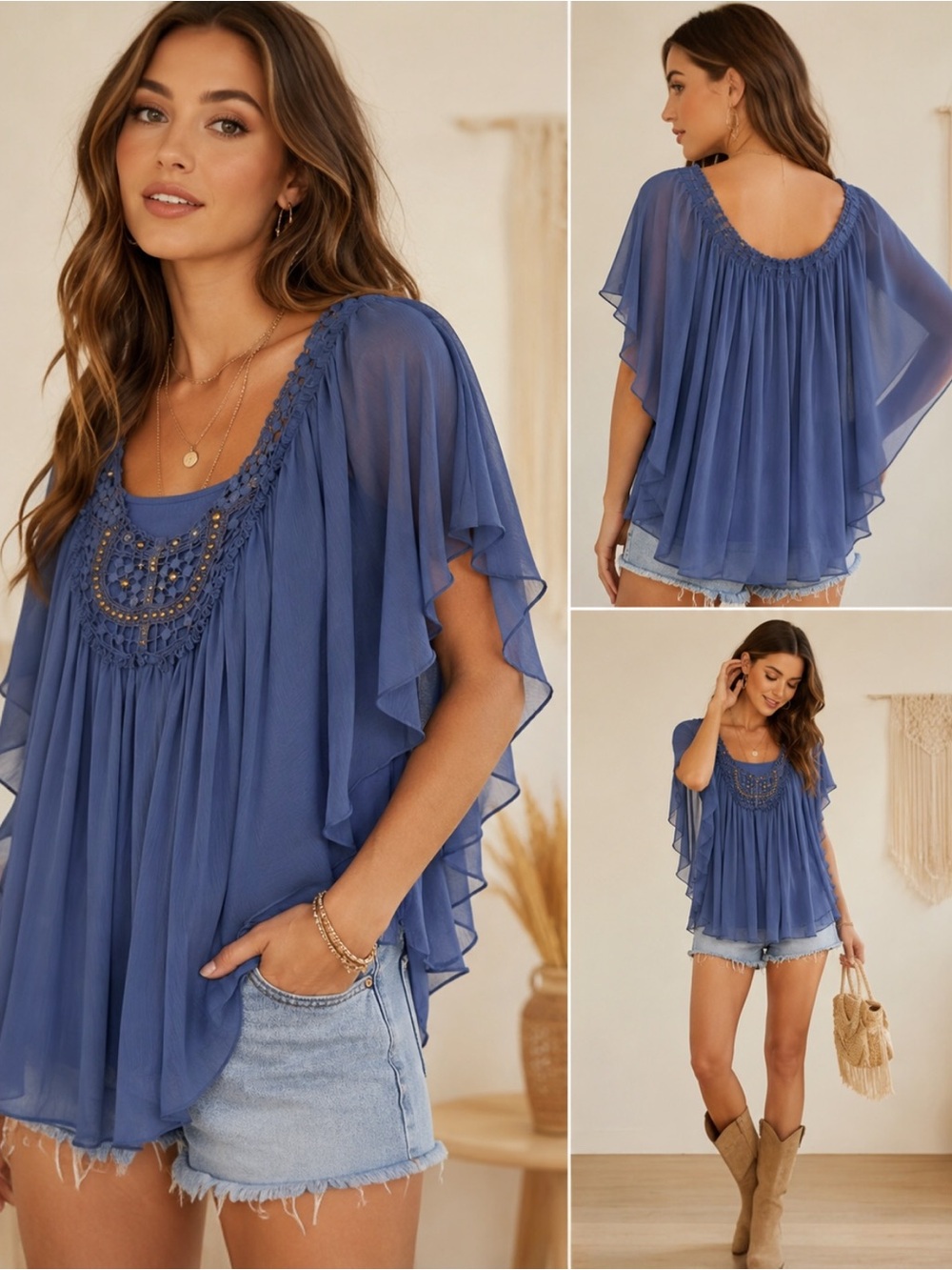 NWT Nine West Vintage America Camillia Boho Chiffon Top XL Periwinkle